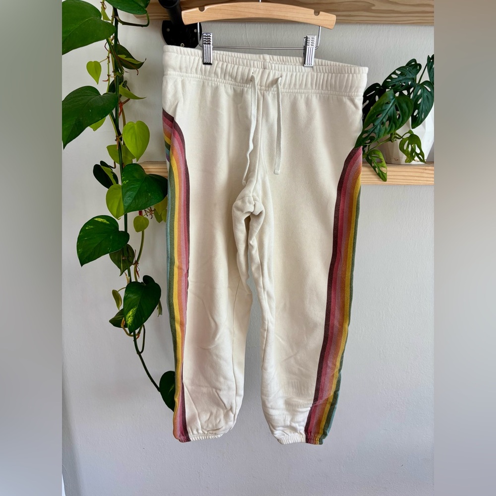 Marine Layer Cream Joggers with Rainbow Stripes